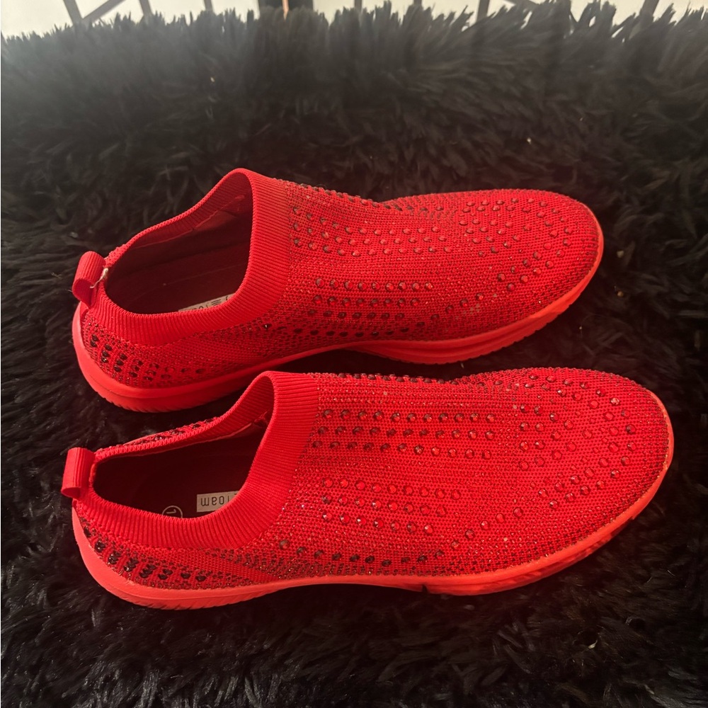 Red Slip-On Knit Sneakers with Embellishments